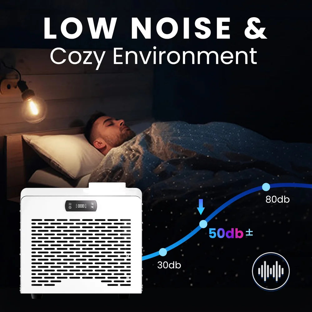 Noise level chart placing the AMBOHR Mini Chiller Cold Therapy Chiller near 50db beside a sleeping user