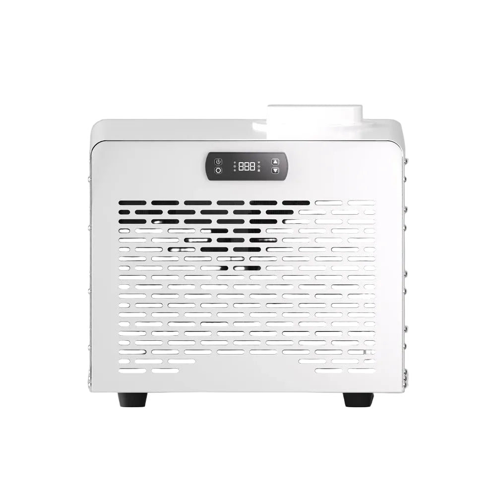 Studio front render of the white AMBOHR Mini Chiller Water Chiller with display panel and full-width vent grille