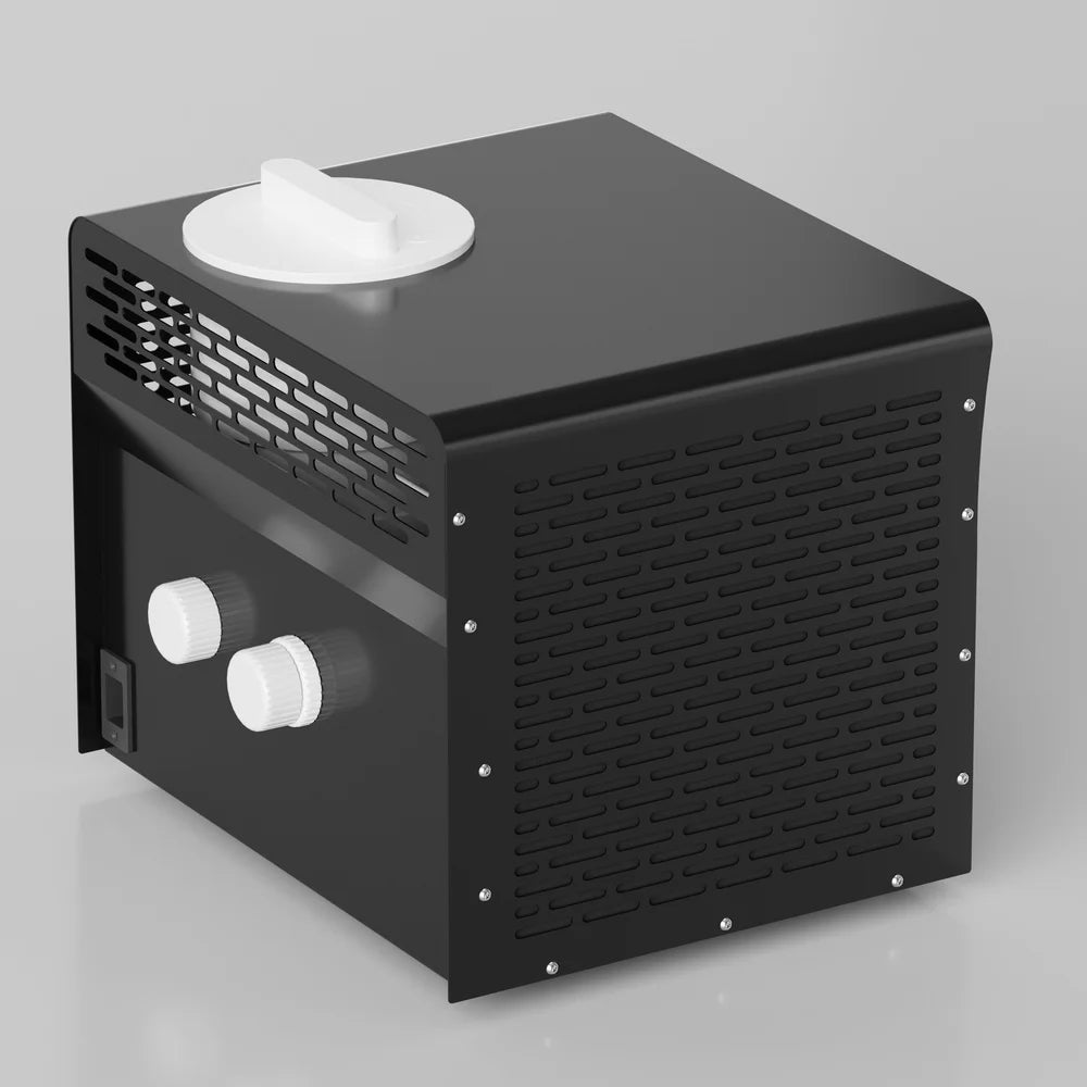 Rear angle of the black AMBOHR Mini Chiller Ice Bath Chiller with white inlet and outlet fittings and power socket