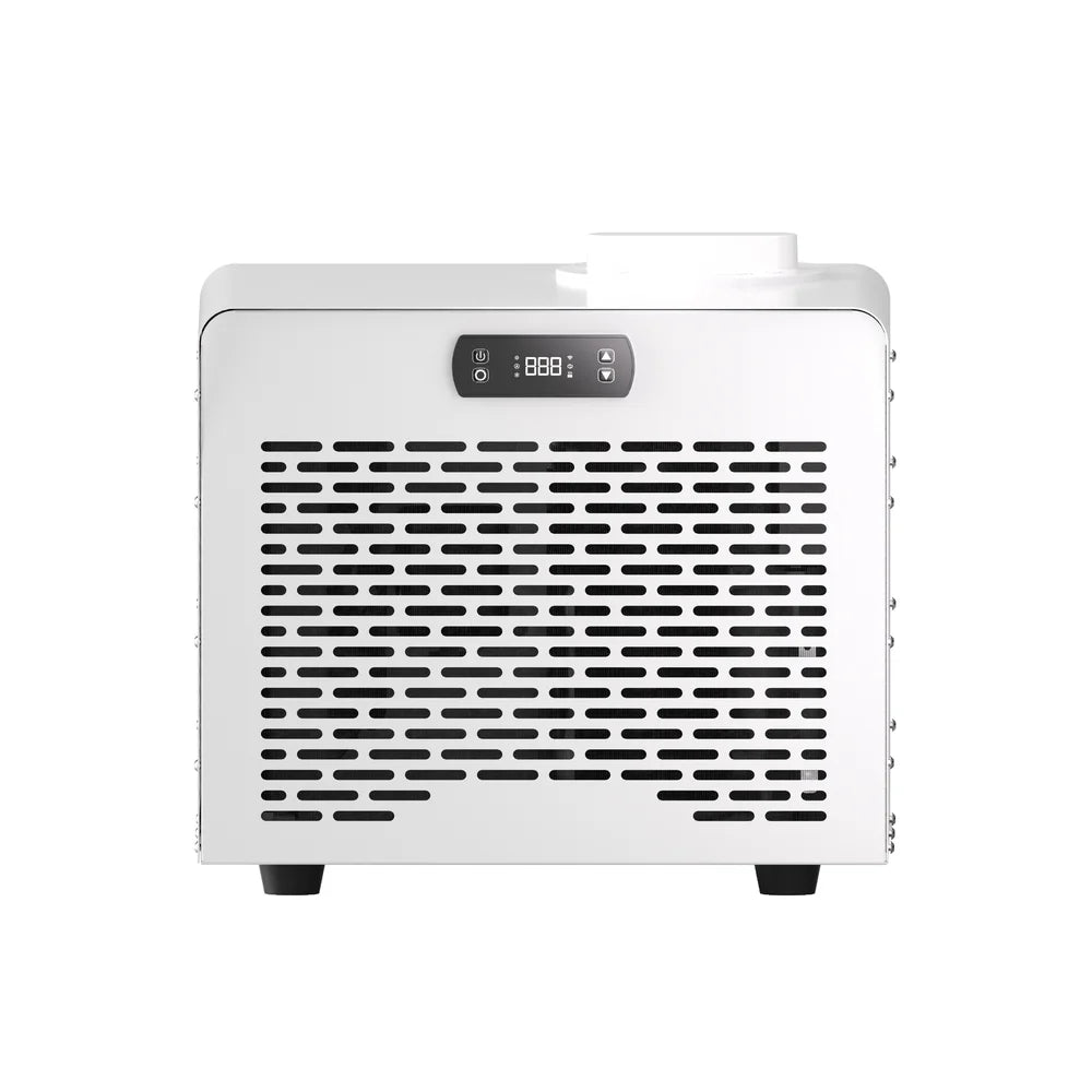 Front view of the white AMBOHR Mini Chiller Ice Bath Chiller with LED control panel above the perforated grille