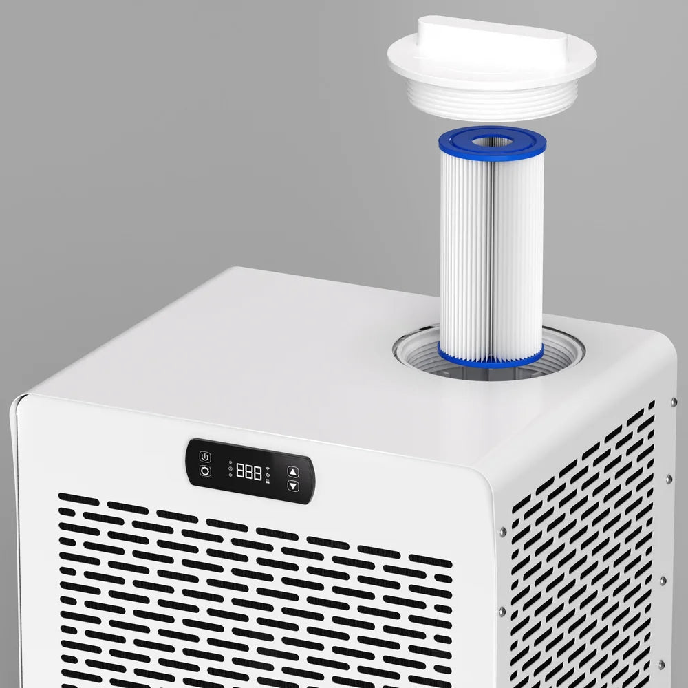 Pleated cartridge and screw cap lifted from the filter port of the white AMBOHR Mini Chiller Portable Chiller