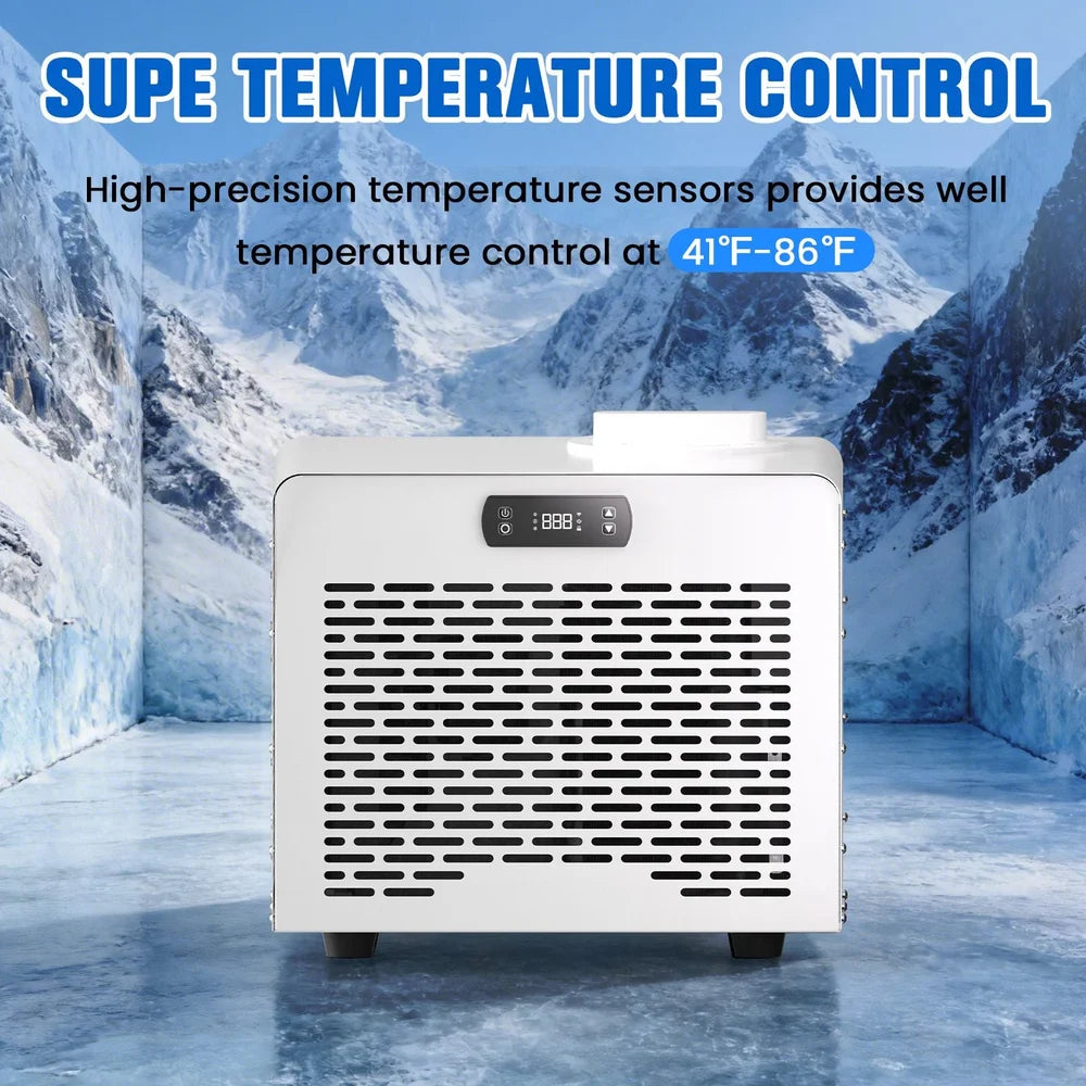 Temperature control graphic citing 41°F-86°F precision for the AMBOHR Mini Chiller Portable Chiller unit