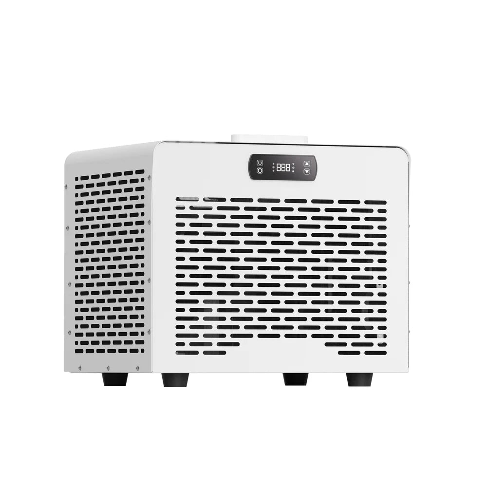 Angled view of the white AMBOHR Mini Chiller Cold Plunge Chiller with louvered side vents, digital panel and filter housing