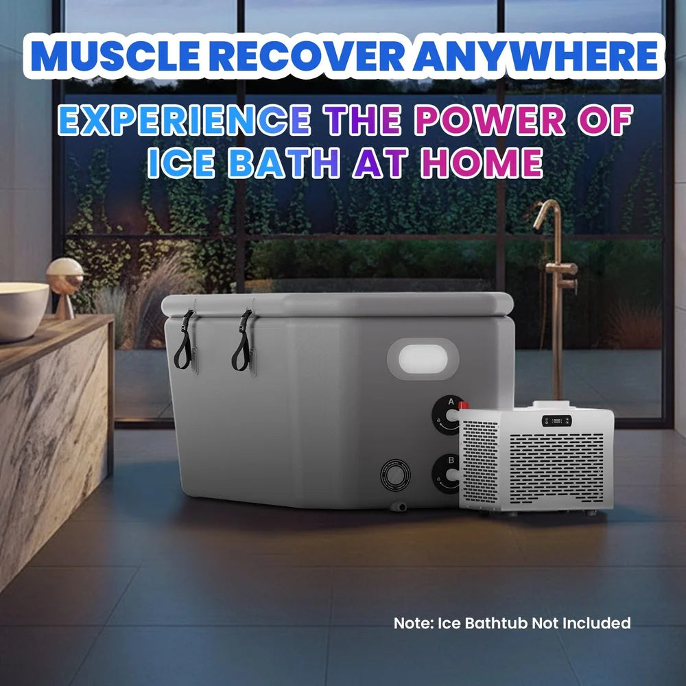 Bathroom scene pairing a grey plunge tub with the AMBOHR Mini Chiller Cold Plunge Tub Chiller for home recovery