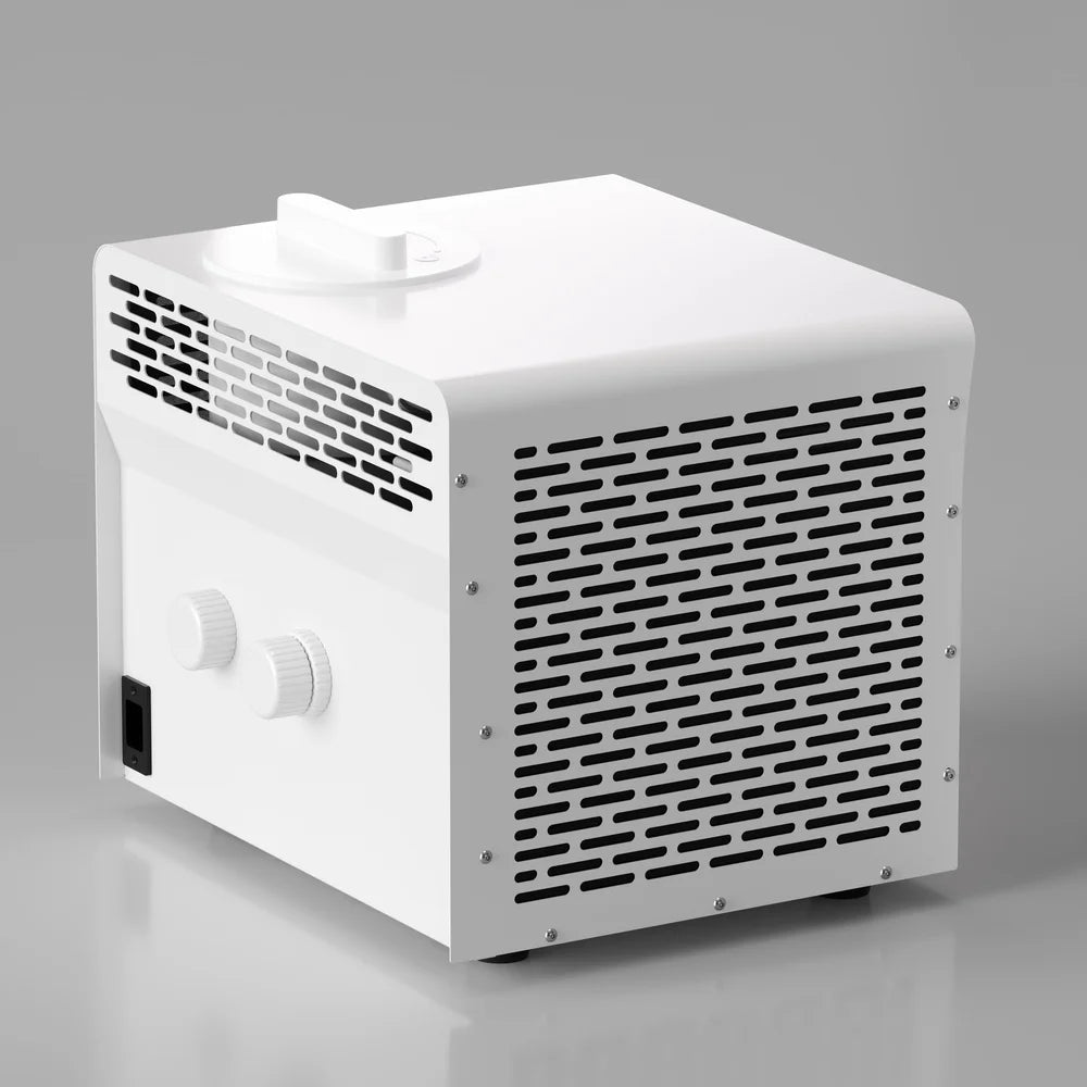 Back corner of the white AMBOHR Mini Chiller Cold Plunge Tub Chiller with threaded hose fittings and power inlet