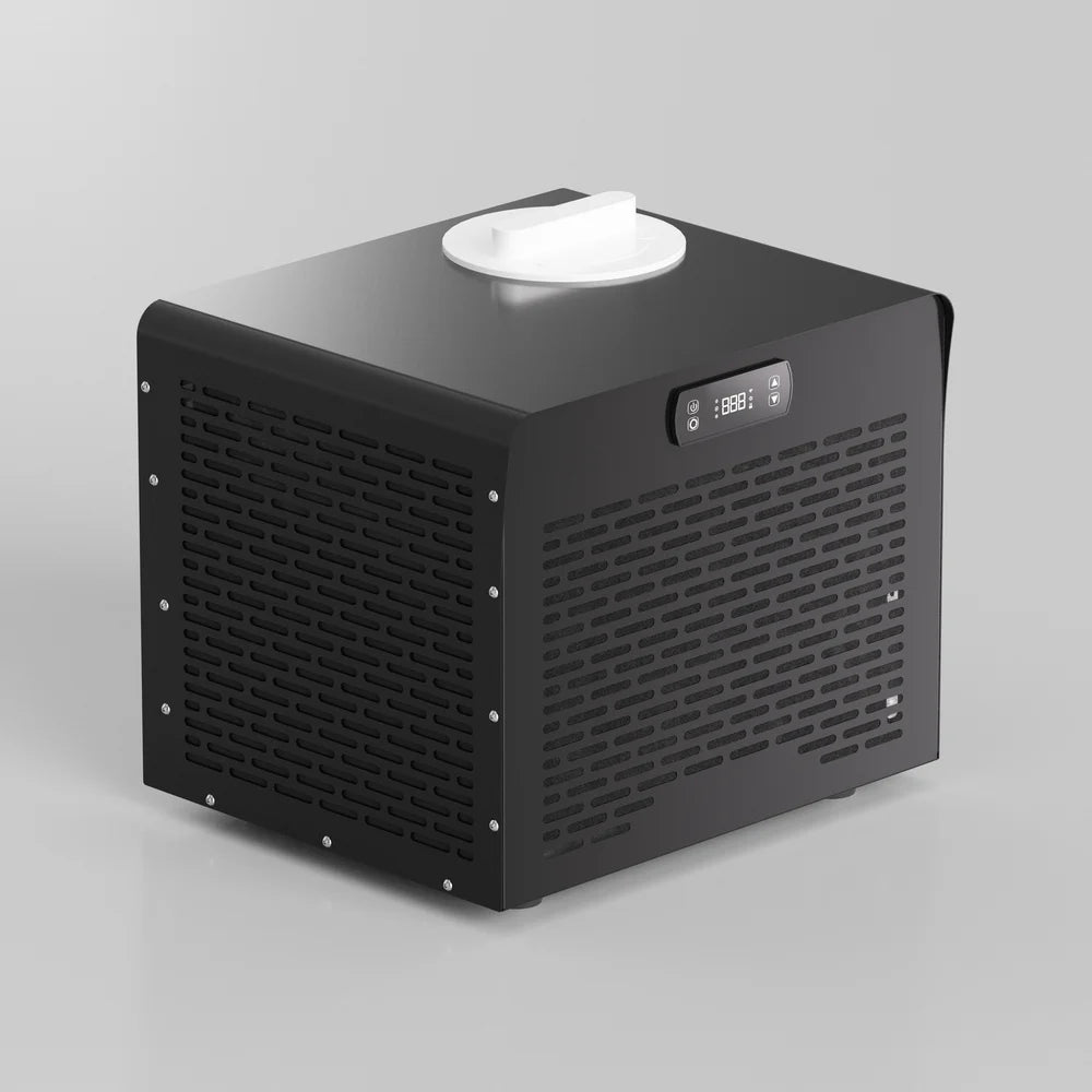 Angled black AMBOHR Mini Chiller Cold Plunge Cooler showing perforated grilles and round white filter cap on top