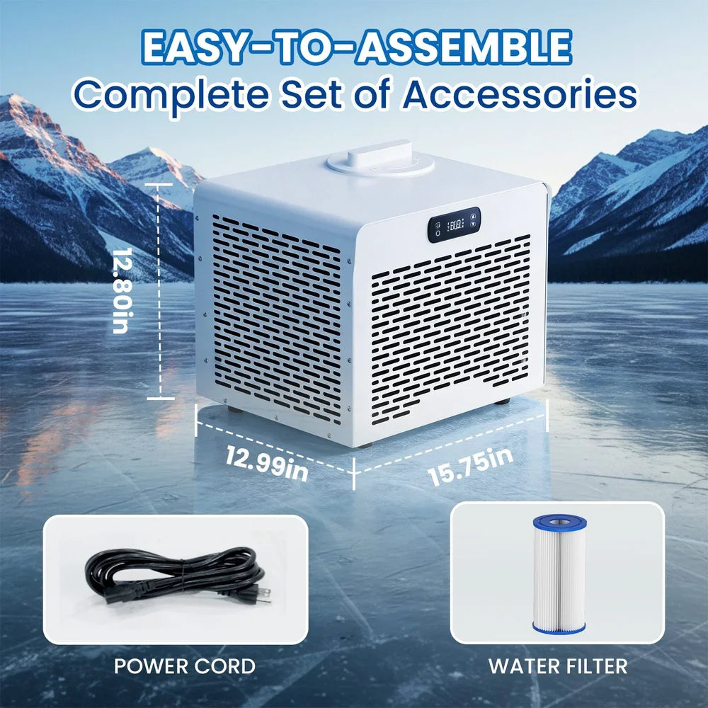 Infographic showing AMBOHR Mini Chiller Cold Plunge Tub Chiller dimensions with included power cord and filter