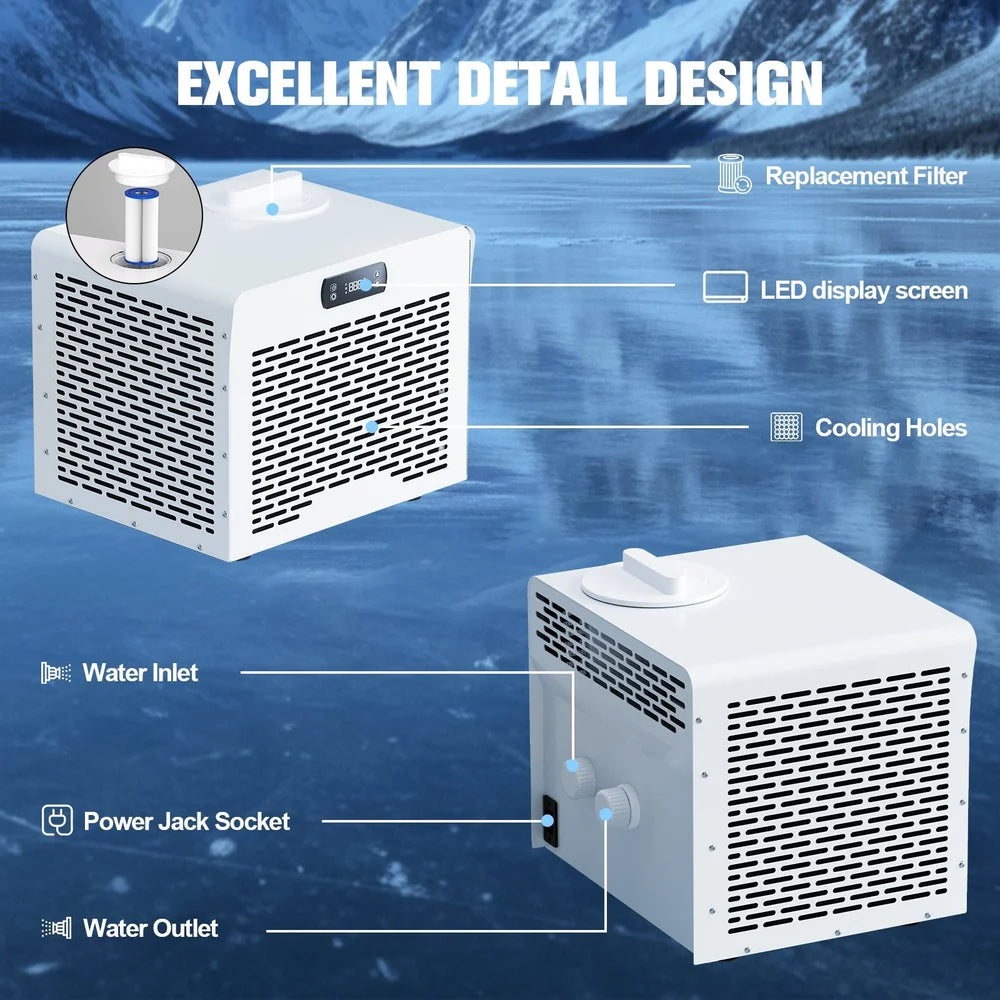 Callout diagram naming filter, LED screen, cooling holes, inlet and outlet on the AMBOHR Mini Chiller Cold Plunge Tub Chiller