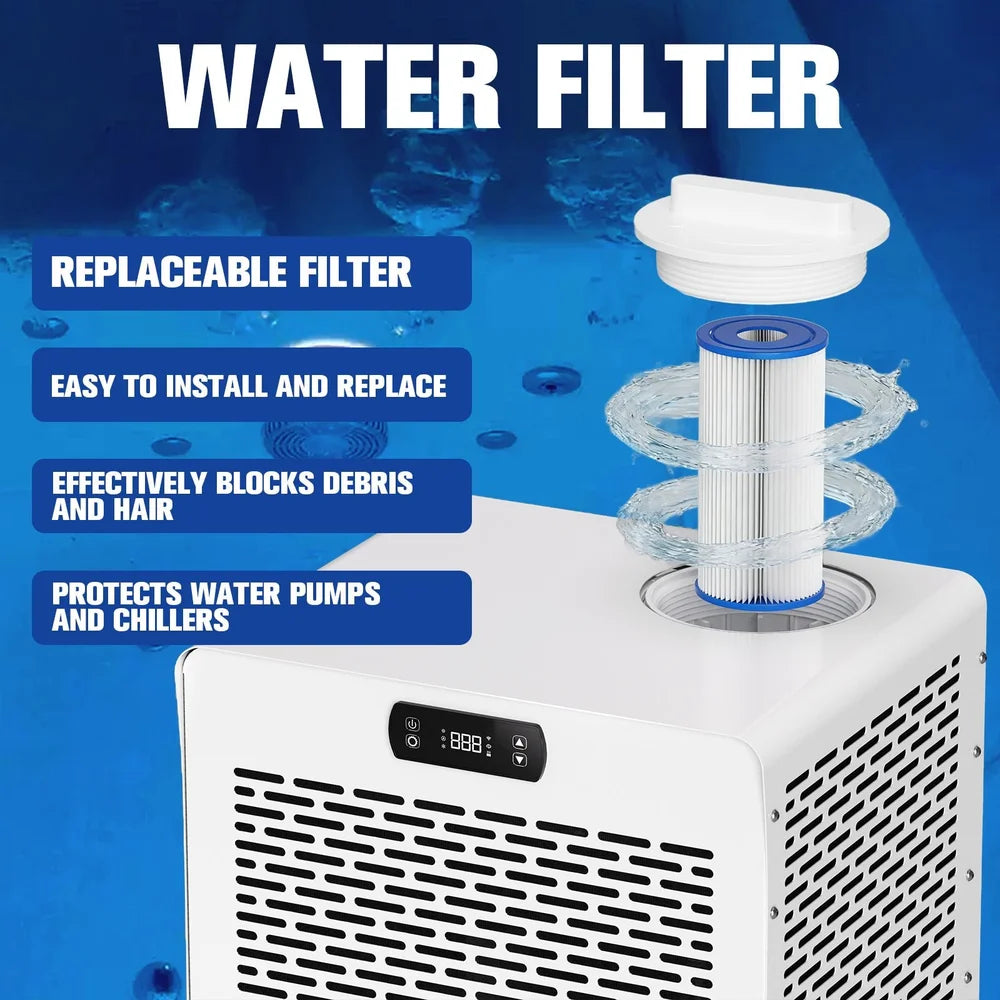 Filter cartridge lifting from the top port of the AMBOHR Mini Chiller Cold Therapy Chiller with four benefit labels