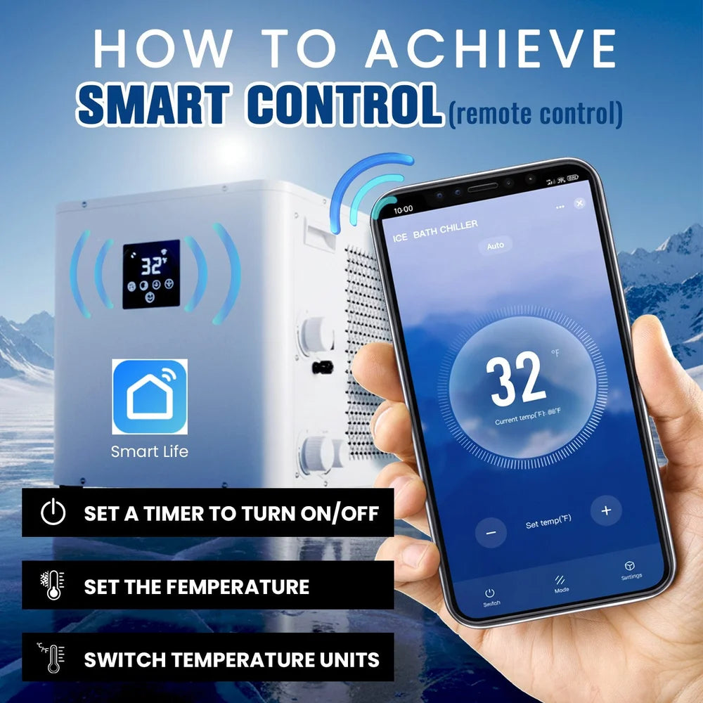 Phone app set to 32°F controlling the AMBOHR Pro Chiller Ice Bath Cooler with timer and unit switch captions