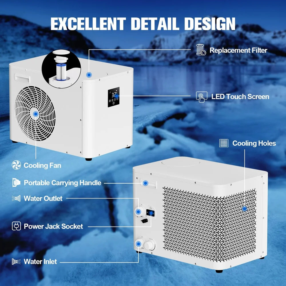 Callouts naming fan, handle, inlet, outlet and touch screen across the AMBOHR Pro Chiller Ice Bath Chiller