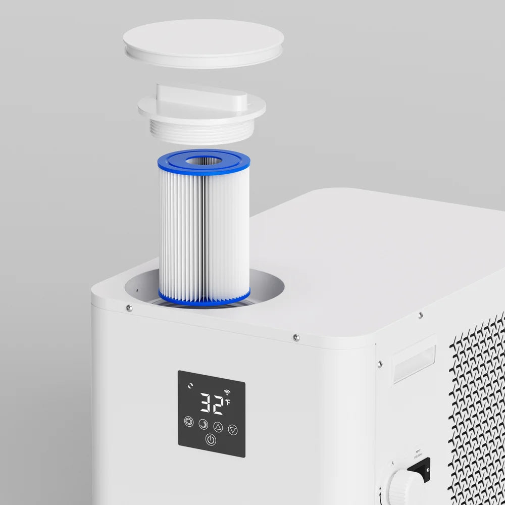 Pleated cartridge lifting out of the top housing on the AMBOHR Pro Chiller Water Chiller with cap and collar above