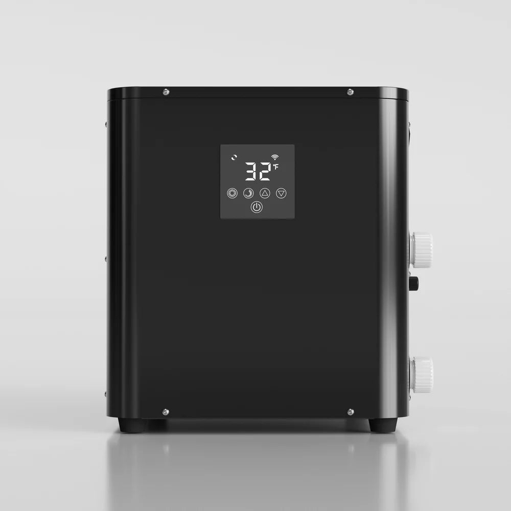 Front face of the black AMBOHR Pro Chiller Cold Plunge Tub Chiller with 32°F touch display and side connectors