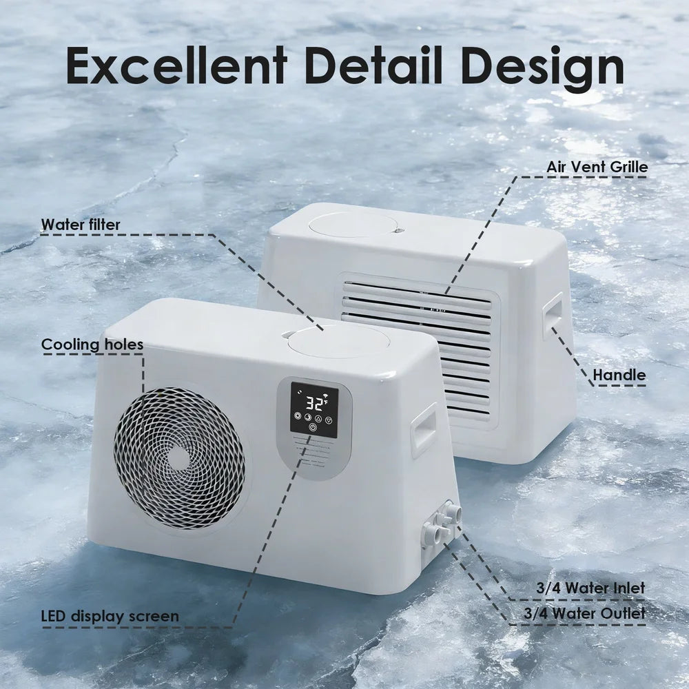 Callout diagram of AMBOHR Ultra Chiller Recovery Chiller parts including vent grille, handle and 3/4 inch water ports