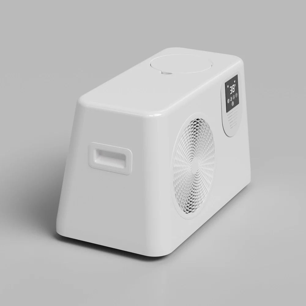 Angled top view of the AMBOHR Ultra Chiller Heating Cooling Chiller with round filter lid and recessed handle