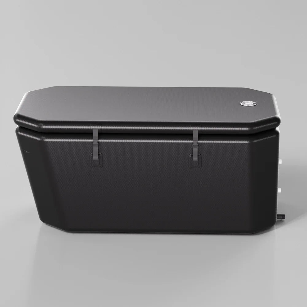 Black inflatable plunge tub with strapped insulated lid pairing with the AMBOHR Ultra Chiller Recovery Chiller