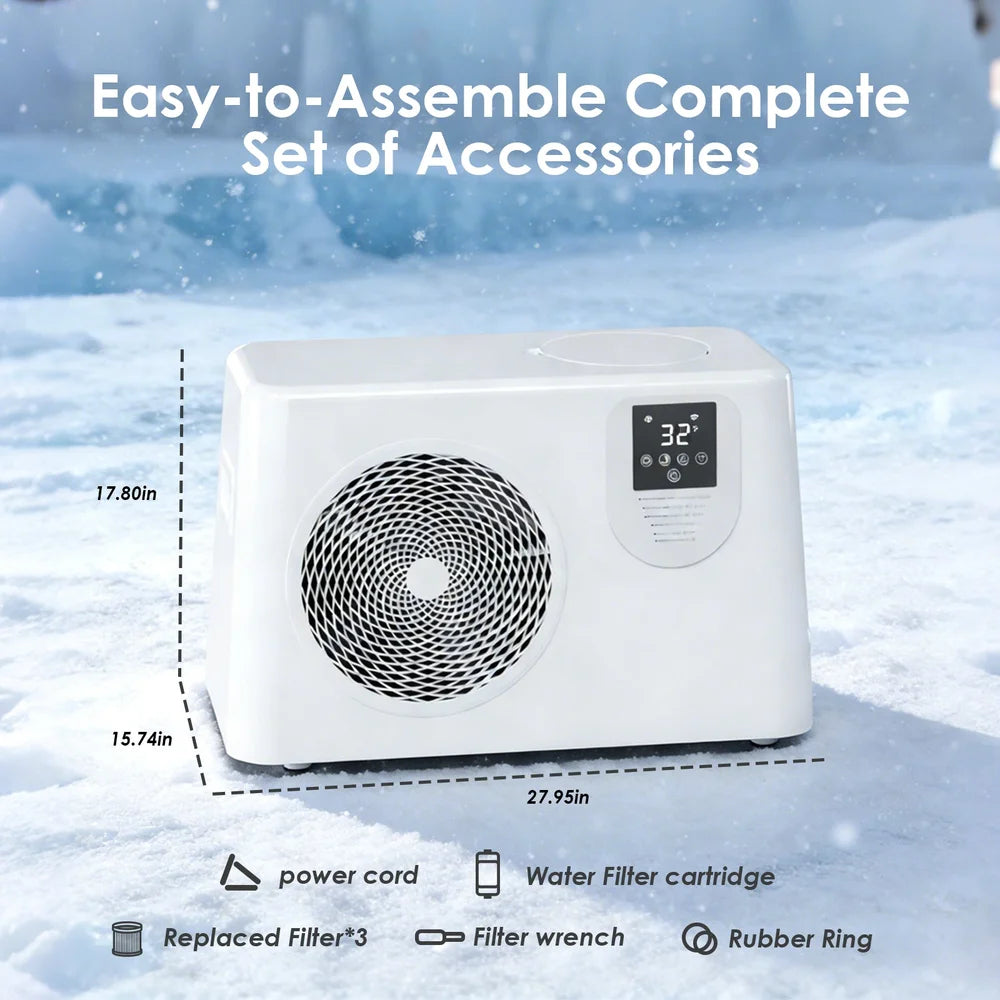 Dimension and included-accessory diagram for the AMBOHR Ultra Chiller Ice Bath Chiller with filter wrench and cord icons