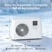 Dimension and included-accessory diagram for the AMBOHR Ultra Chiller Ice Bath Chiller with filter wrench and cord icons
