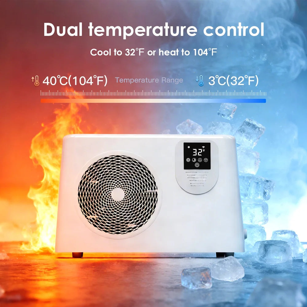 Fire and ice temperature range chart for the AMBOHR Ultra Chiller Ice Bath Chiller from 32°F up to 104°F