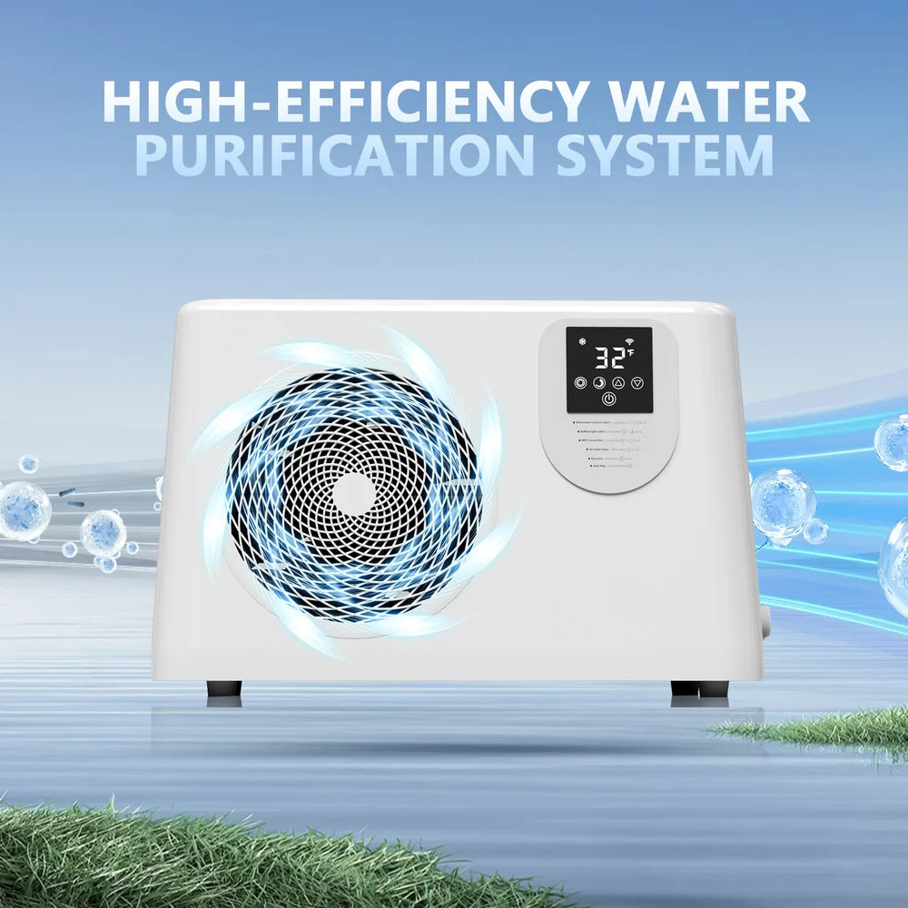 Water purification feature graphic with blue airflow swirls around the AMBOHR Ultra Chiller Cold Plunge fan grille