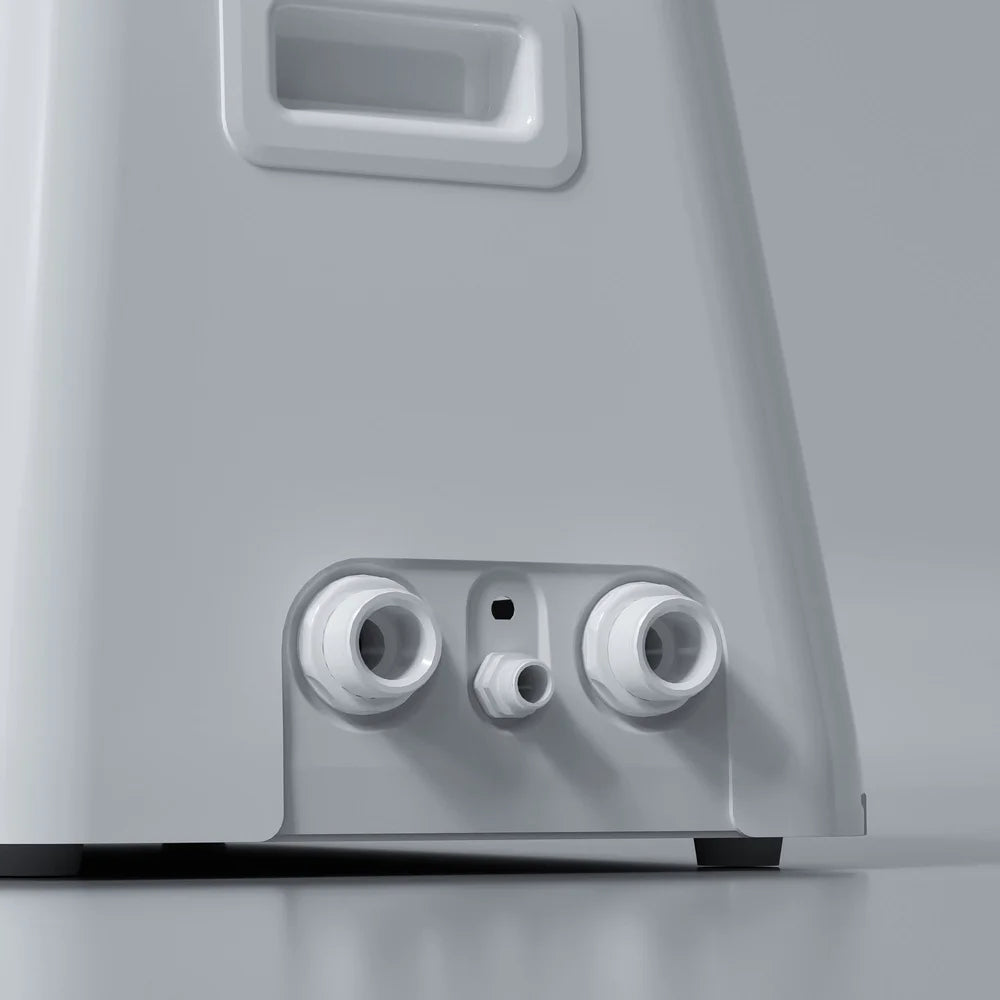 Close-up of threaded 3/4 inch water fittings and drain port on the AMBOHR Ultra Chiller Heating Cooling Chiller