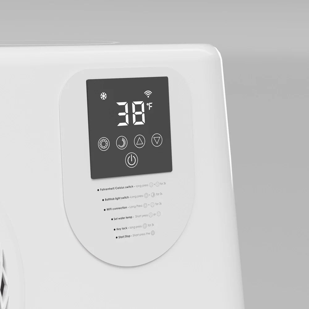 Close-up of the AMBOHR Ultra Chiller Water Chiller control panel with 38°F readout and printed button legend