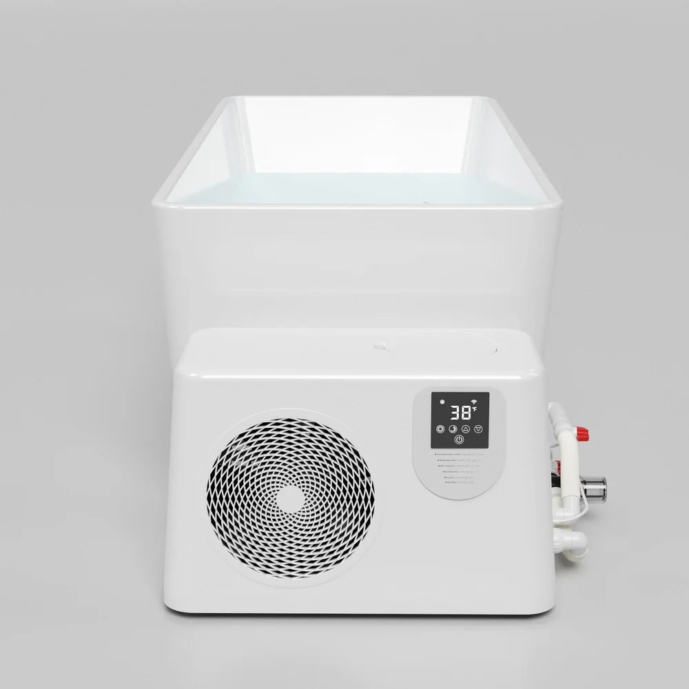 Acrylic plunge tub plumbed to the AMBOHR Ultra Chiller Cold Plunge Chiller showing 38°F on the control display