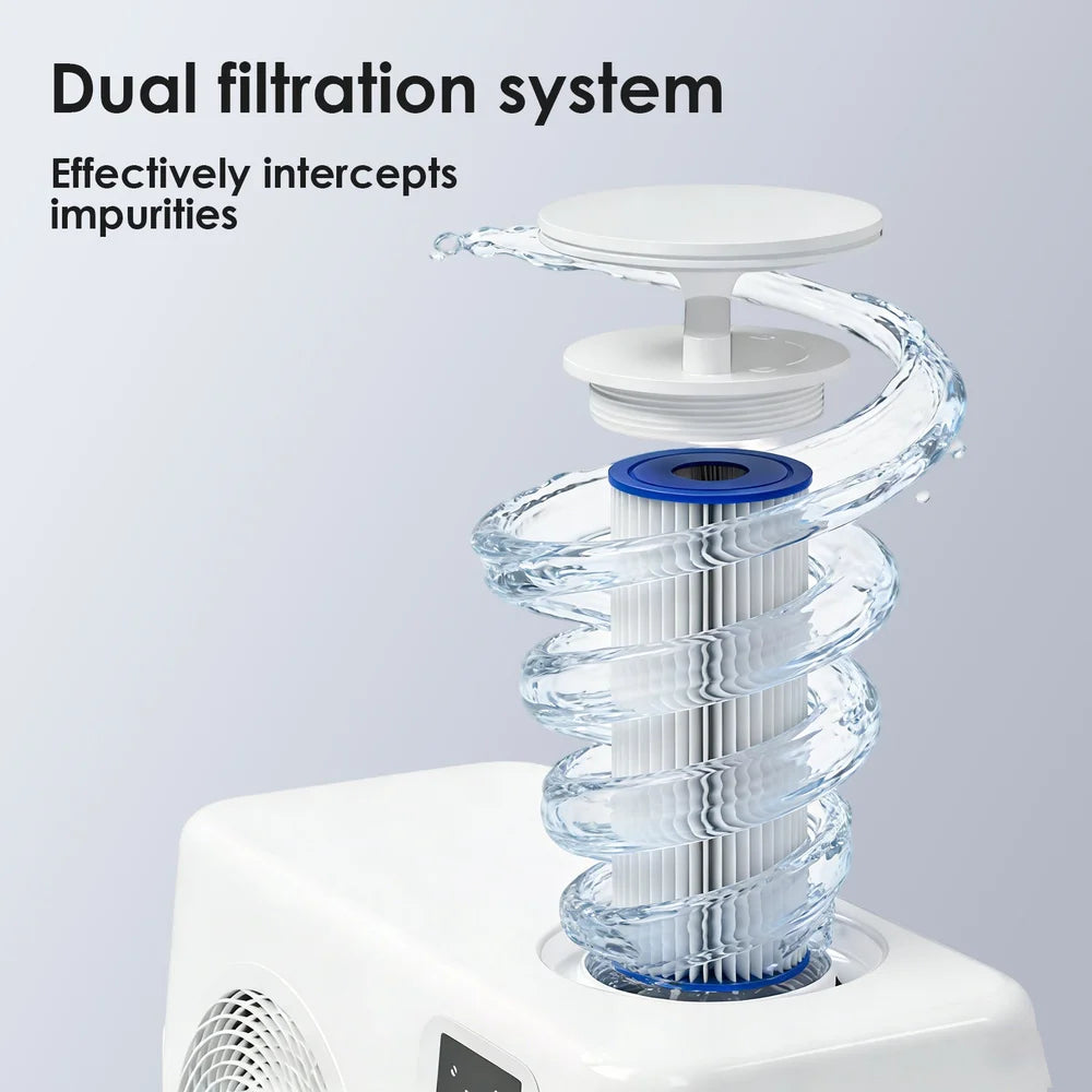 Exploded dual filtration diagram showing the pleated cartridge inside the AMBOHR Ultra Chiller Cold Plunge Chiller