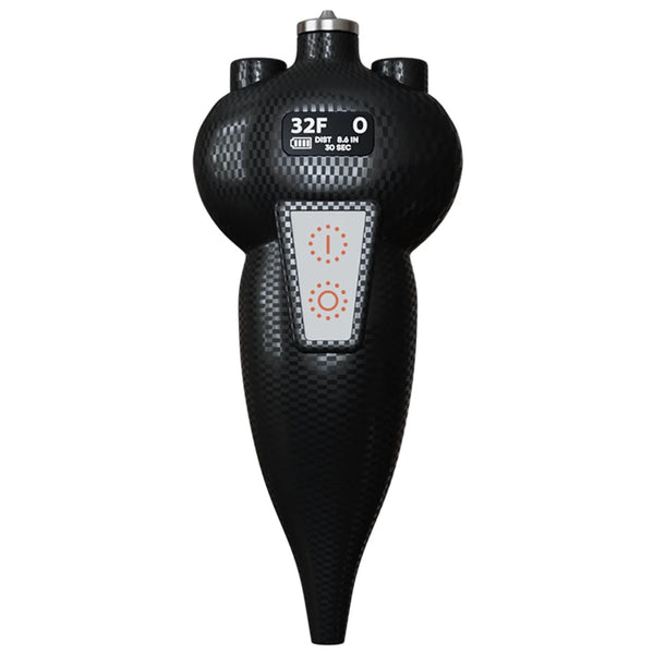 Cropped studio render of the Carbon Black America Cryo SubZero cryotherapy device showing carbon weave and grip controls