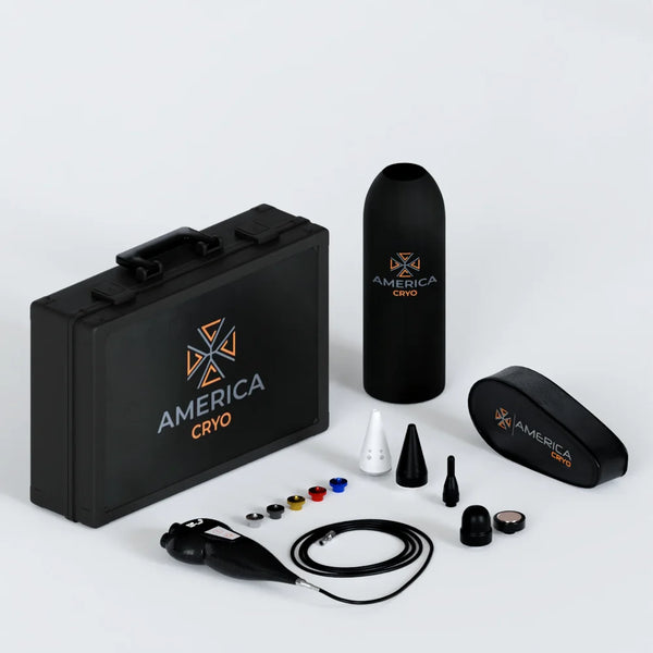 Complete kit layout with briefcase, nozzles, hose and tank cover included with the America Cryo SubZero cryotherapy device