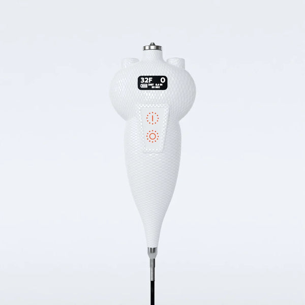 Carbon White handpiece of the America Cryo SubZero cryo machine photographed front-on against a pale studio background
