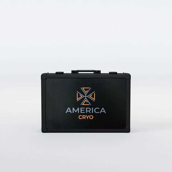 Closed black branded carry briefcase supplied with the America Cryo SubZero cryotherapy machine