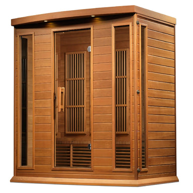 Side-angle view showing cedar plank walls and glass door of the Maxxus Chaumont Red Cedar Sauna cabin