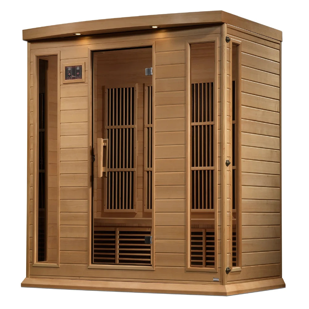 Angled hemlock cabin with lit roof lamps and control panel on the Maxxus MX-K406-01-ZF Infrared Sauna