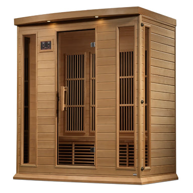 Angled hemlock cabin with lit roof lamps and control panel on the Maxxus MX-K406-01-ZF Infrared Sauna