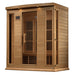 Angled hemlock cabin with lit roof lamps and control panel on the Maxxus MX-K406-01-ZF Infrared Sauna