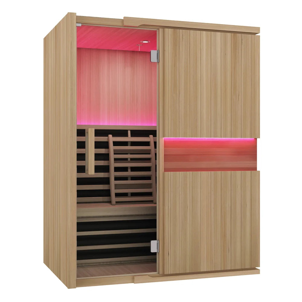 Blisspod Milano Full Spectrum Sauna shown at an angle with hemlock walls, backrest bench and glowing interior