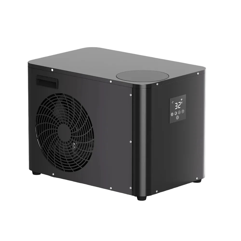 Black cabinet, fan grille and 32°F display shown at an angle on the AMBOHR Pro Chiller Dual Cooling Heating Chiller