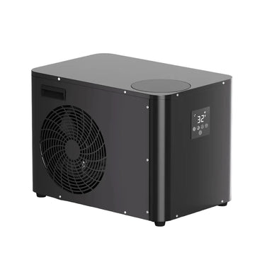 Black cabinet, fan grille and 32°F display shown at an angle on the AMBOHR Pro Chiller Dual Cooling Heating Chiller