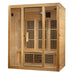 Side-angle studio shot of the Maxxus Bellevue Infrared Sauna Cabinet showing glass door, windows and heat panels