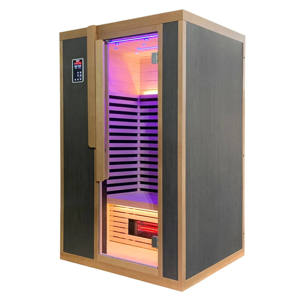 Three-quarter angled view of the two person Blisspod Bergen Sauna with purple lit interior and glass door