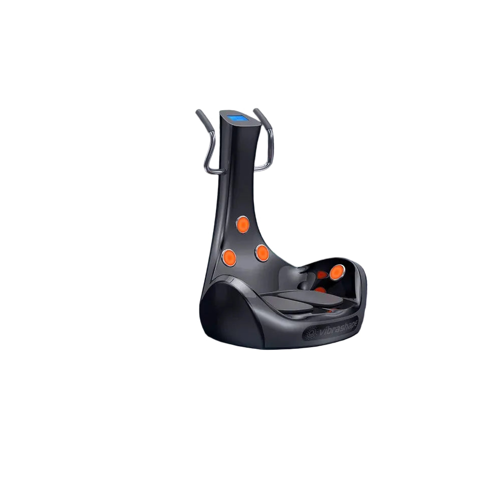 Angled view of the Vacu Activ Vibrashape Vibration Plate showing handlebars, touch screen and orange IR lamps
