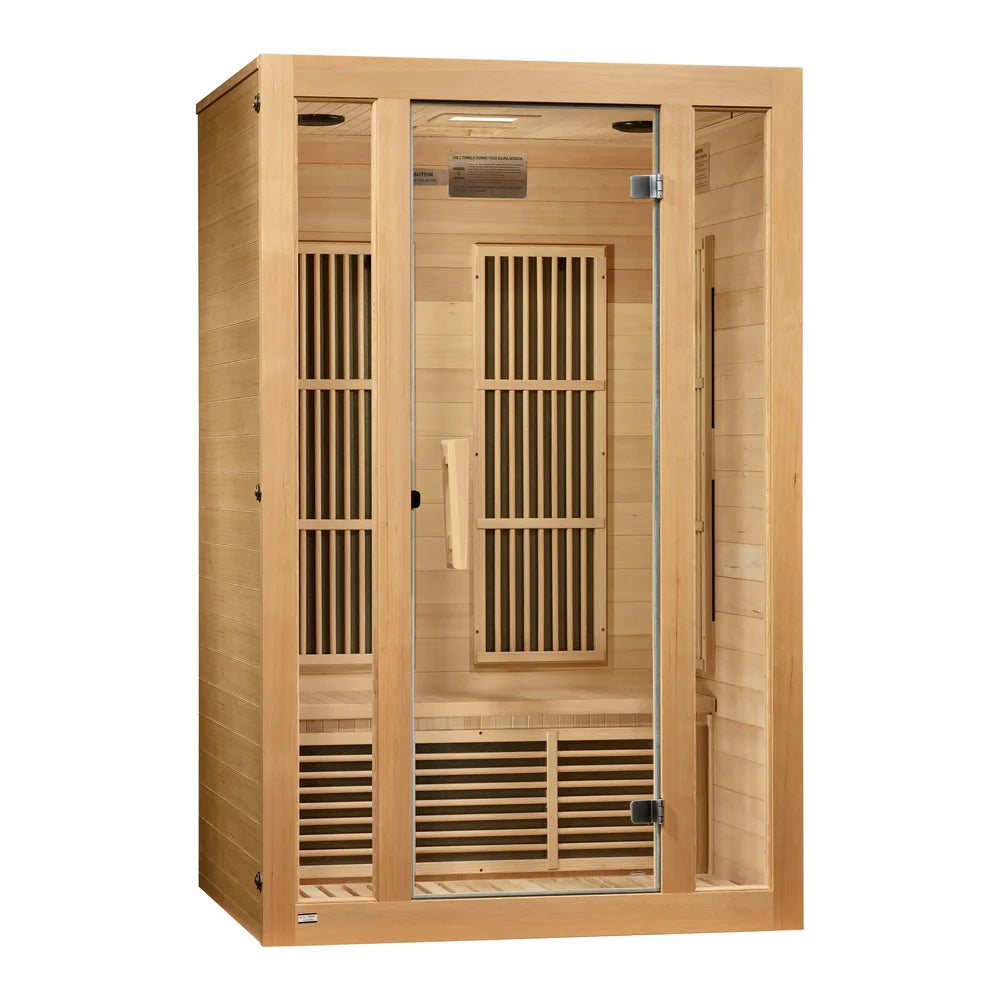 Left angled view of the Maxxus Seattle 2 Person Infrared Sauna showing glass door, side wall and interior bench