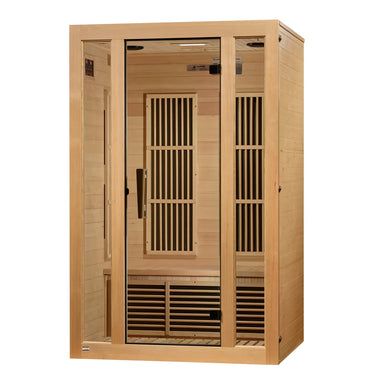 Right side angled view of the Maxxus Seattle 2 Person Far Infrared Sauna with glass door and hemlock wall panels
