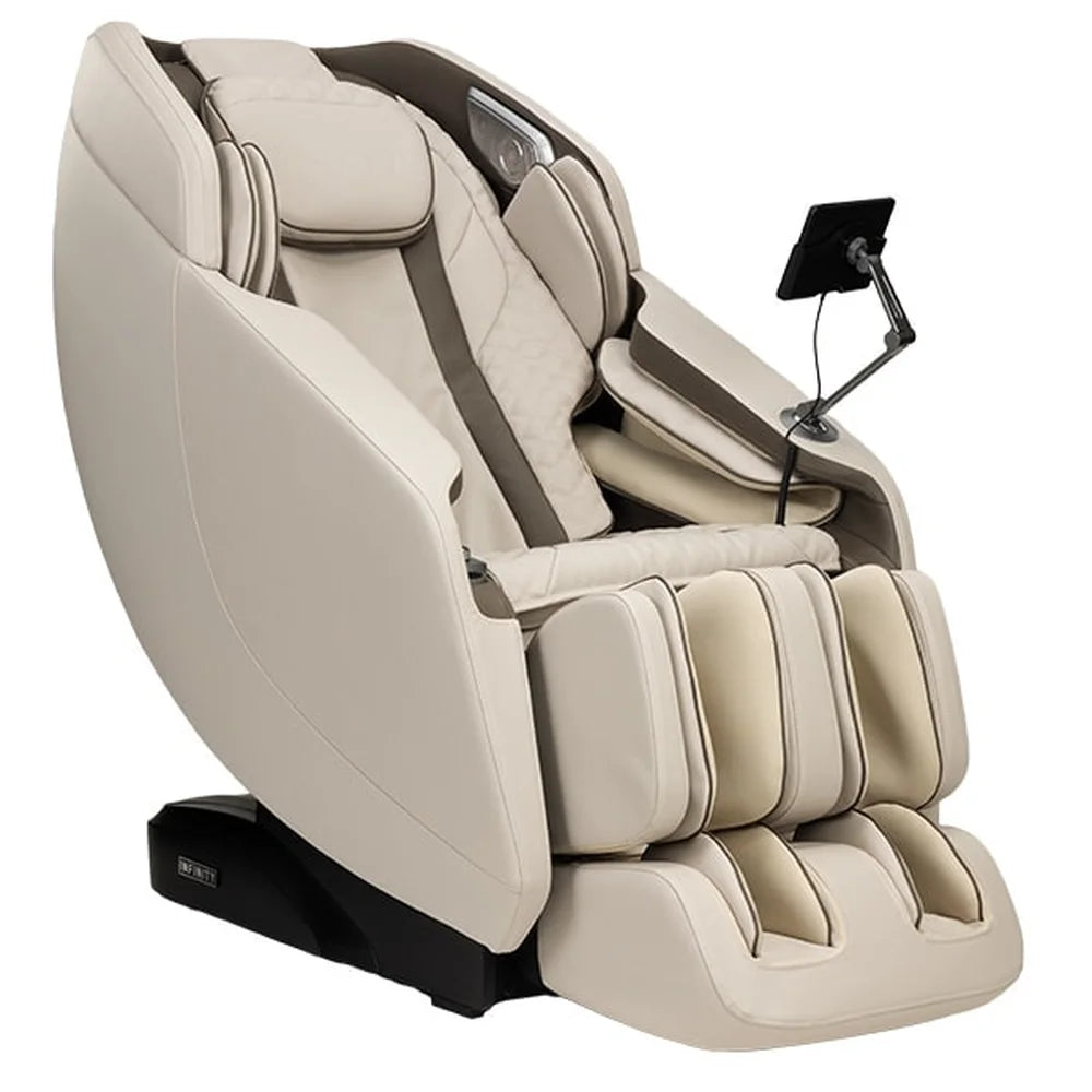 Beige Infinity Celebrity Elite Massage Chair at a three-quarter angle showing seat, leg wells and tablet arm
