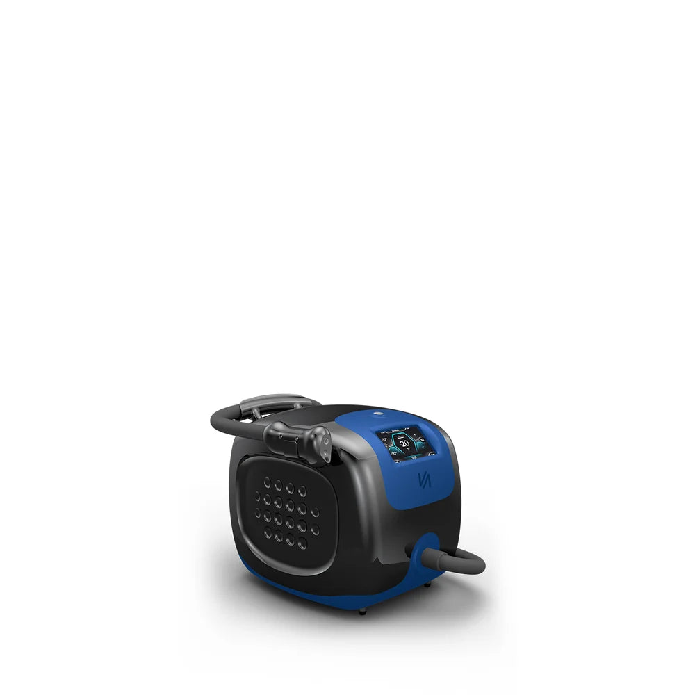 Three-quarter studio view of the Vacu Activ Cryo Flow Mini Cooling Device with touchscreen, grille and hose