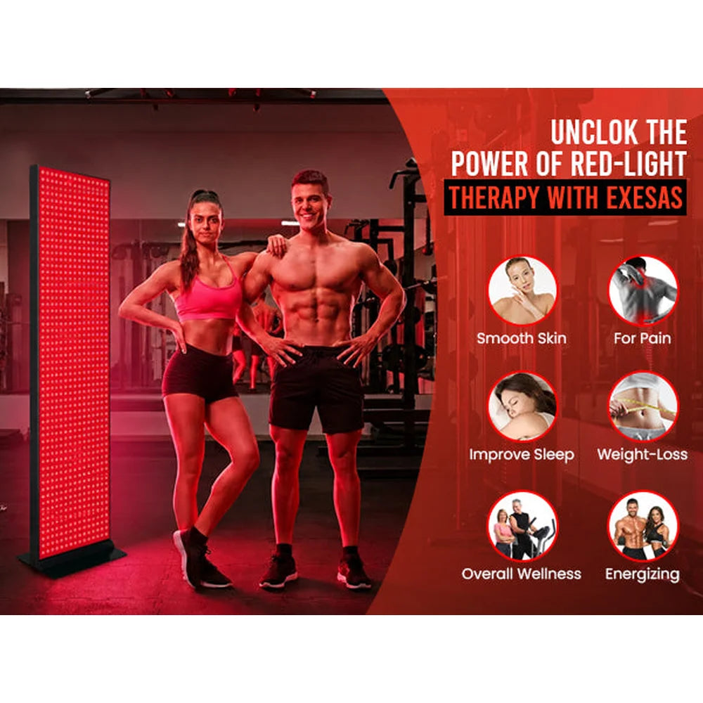 Fit couple in a gym with the EXESAS 800 LED 4000W Full Body Red Light Therapy Device and six benefit icons