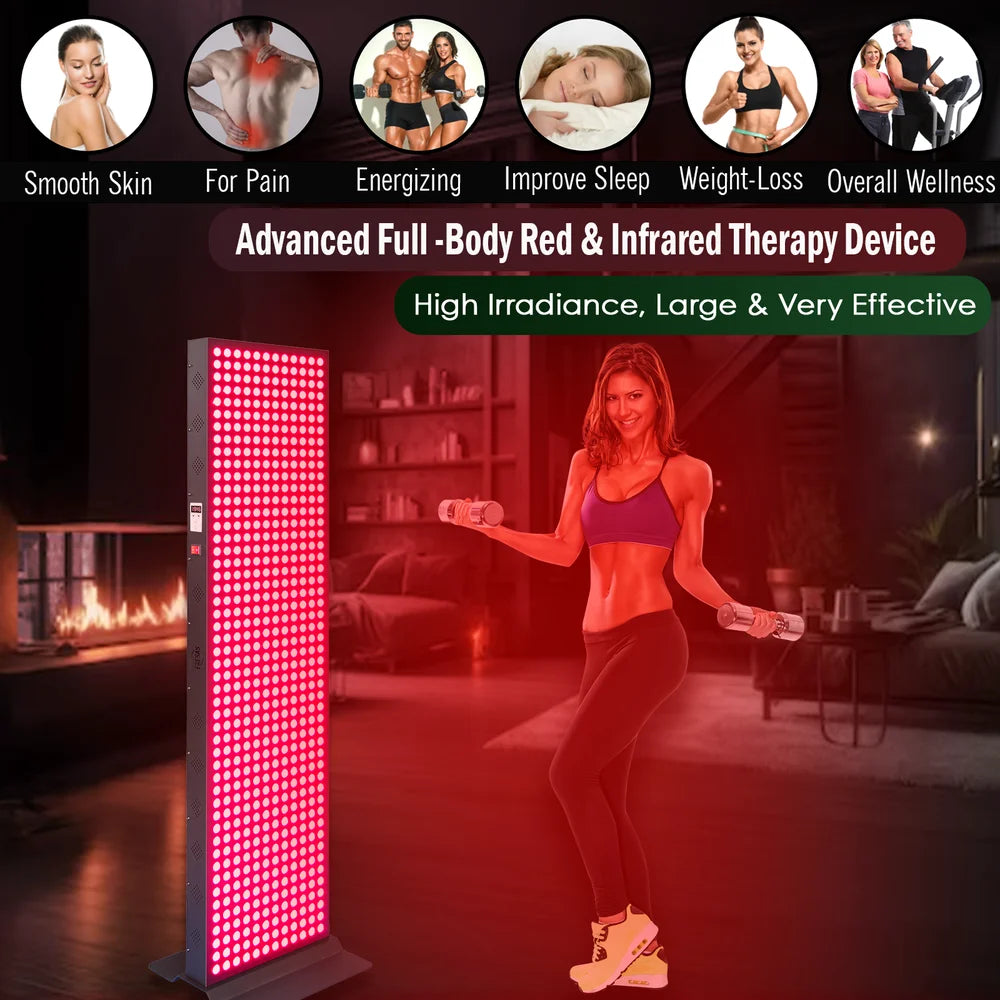 Woman exercising beside the EXESAS 600 LED Full Body Red Light Panel under six wellness benefit icons