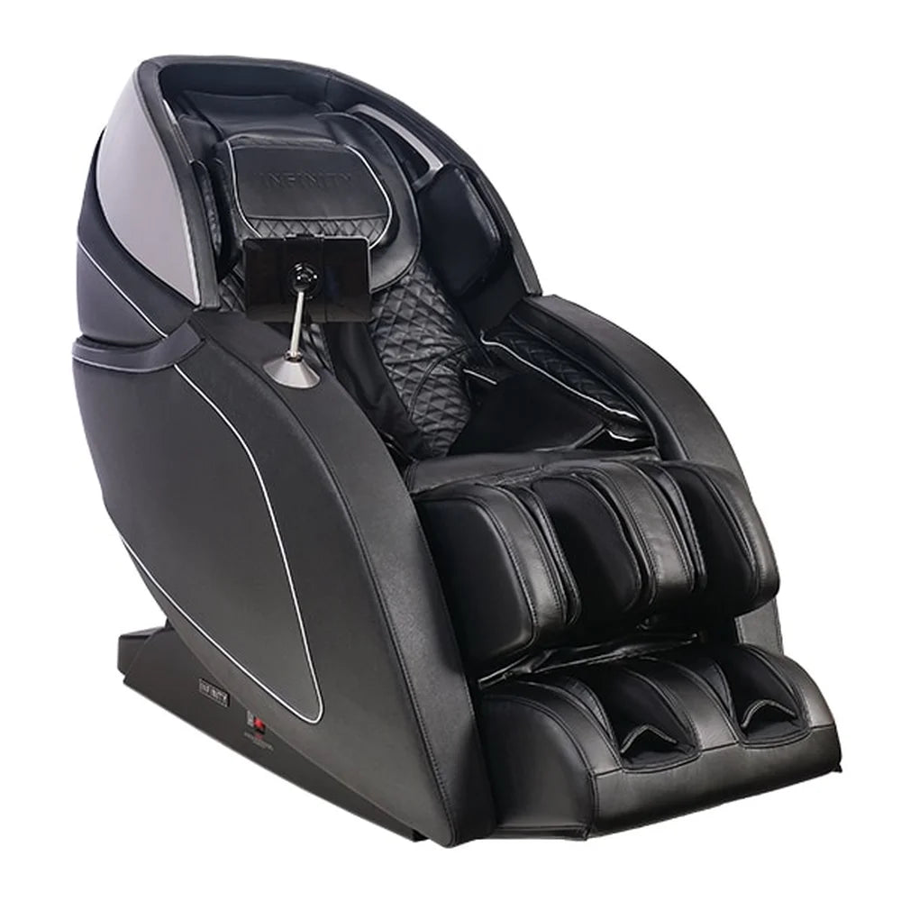 Angled studio view of the black Infinity Palisade Pro 4D Chair with tablet remote, quilted seat and foot wells