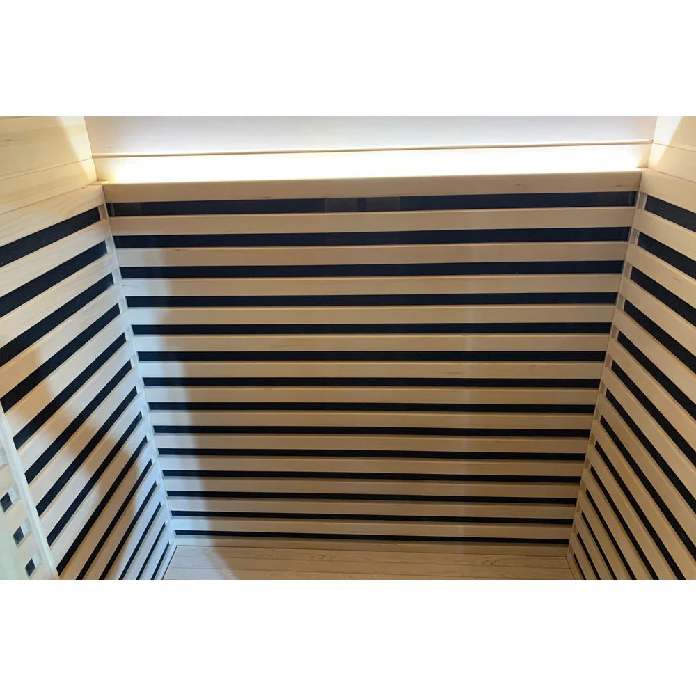 Back and side wall heating panels with warm ceiling strip light in the Blisspod Bergen Full Spectrum Sauna